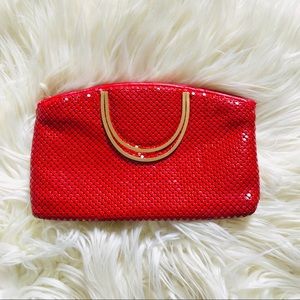 Vintage Metal Chain Mesh Vibrant Shiny Red Clutch